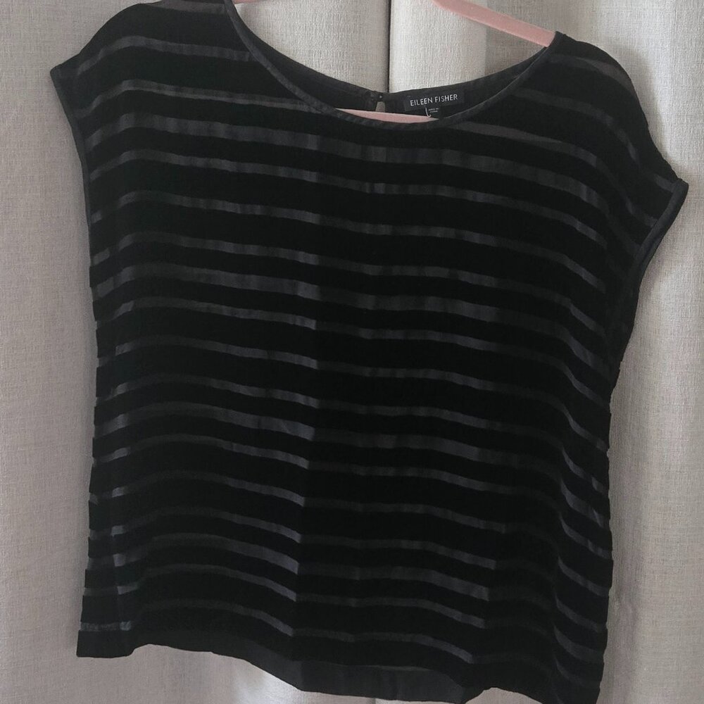 Velvet & Sheer Striped Black Silk Top – Short Sleeve Elegance